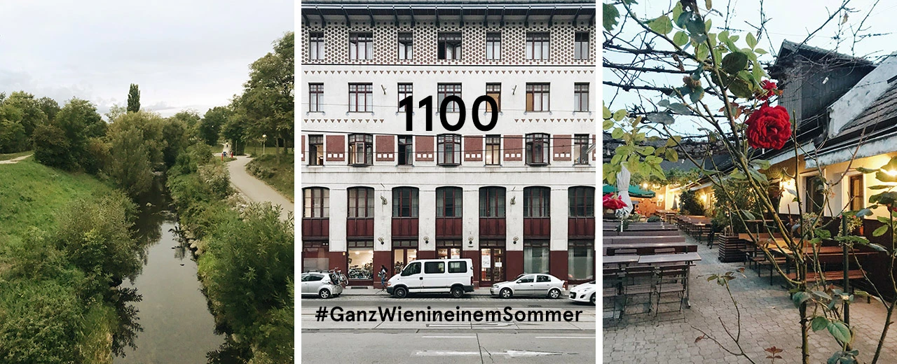 © Carolina Crijns Drei Bildercollage: Flusslandschaft, Gebäude mit Hausnummer 1100, Gastgarten mit Biertischen und Rose. #GanzWieninmeinemSommer
