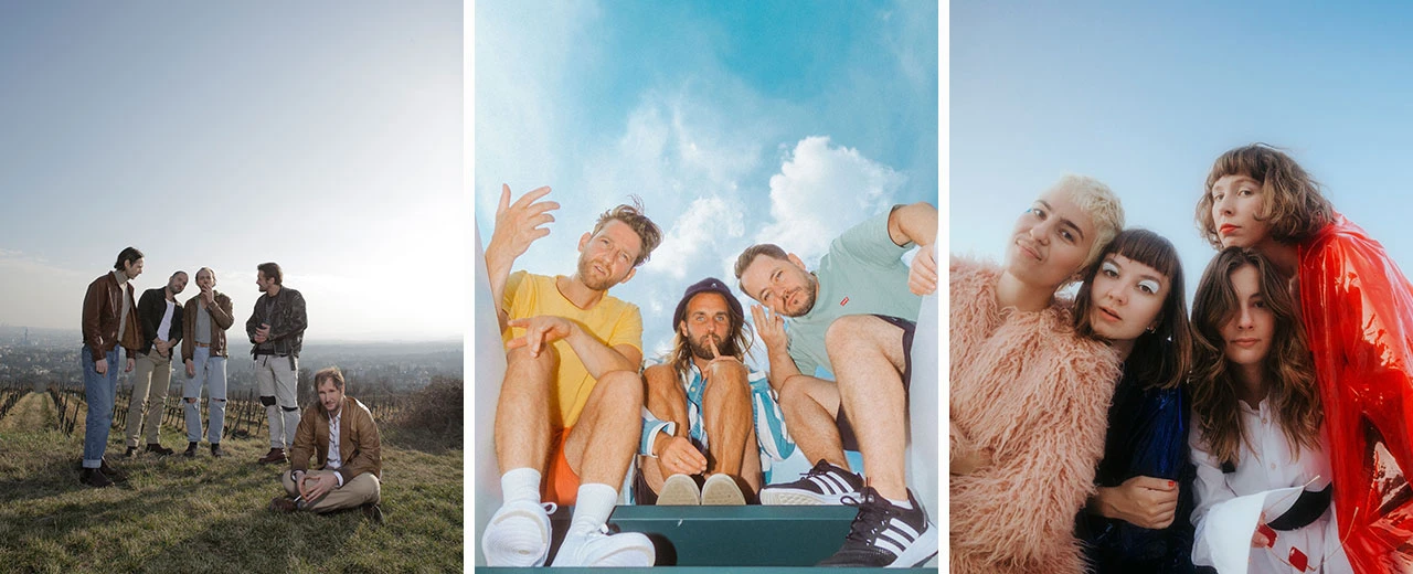 © Wolfgang Seehofer | Lucio Vignolo | Hanna Fasching Drei Fotos von Musikgruppen: fünf Männer, drei Männer, vier Frauen. Erstellt mit Adobe Photoshop.