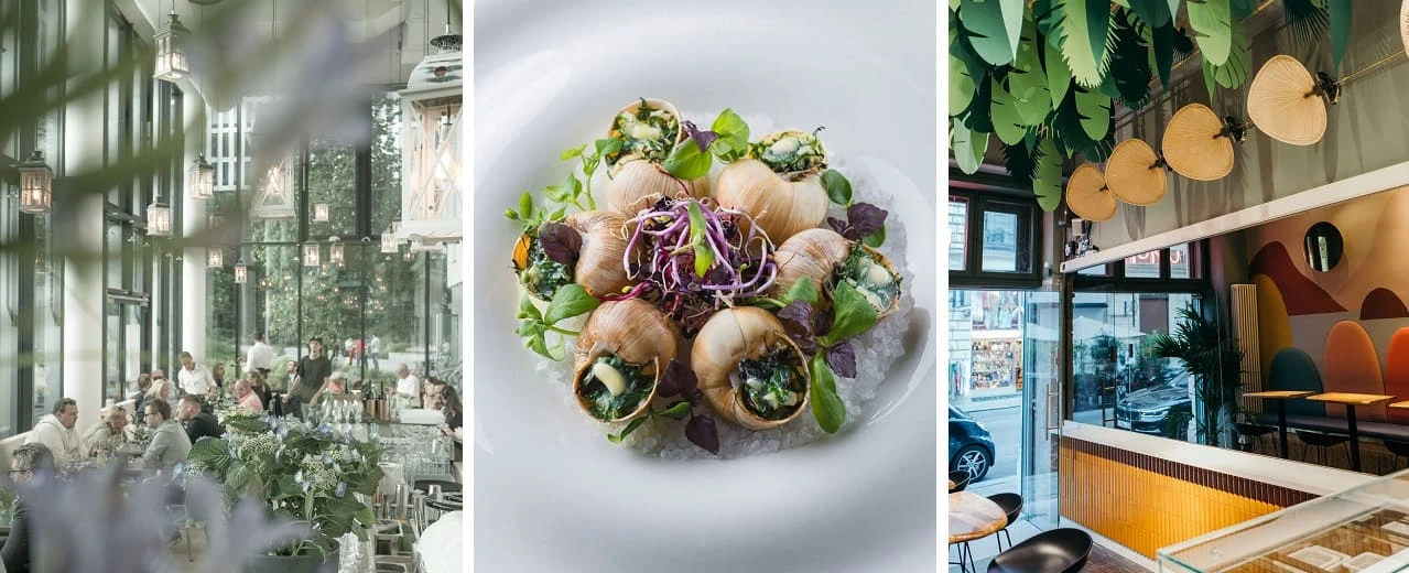 Drei Fotos zeigen ein elegantes Restaurant: Gäste im Inneren, ein Gericht mit Schnecken und ein Detail des modernen Designs.  Bearbeitet mit Adobe Lightroom.