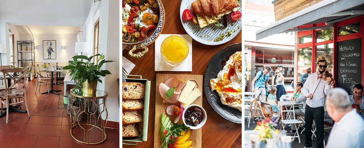 Bild eines Cafés mit Innenraum, leckerem Frühstück und Außenbereich mit Live-Musik.