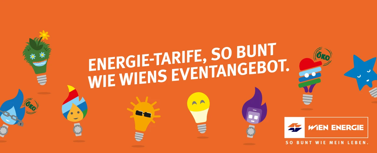 Wien Energie Goodnight Tarifkampagne Anzeige: Bunte Glühbirnen-Charaktere zeigen die vielfältigen Energie-Tarife.