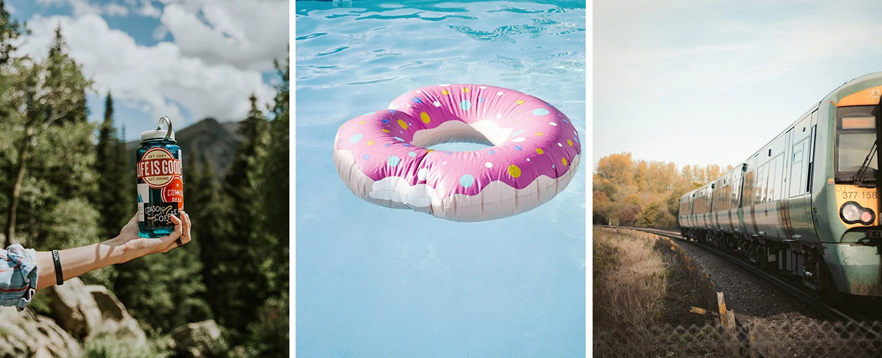 © Averie Woodard / Allie Smith / James Francis (via Unsplash) Drei Bilder: Wasserflasche in Berglandschaft, Donut-Schwimmreifen im Pool, Zug auf Schienen.