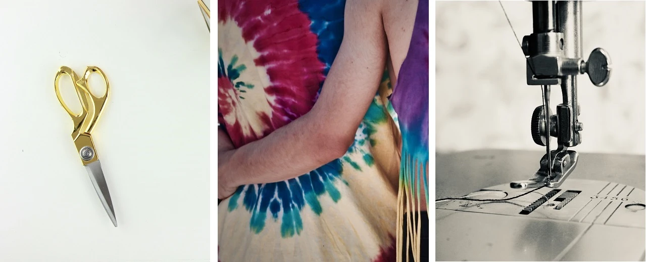 © Unsplash Goldene Schere, tie-dye Shirt, Nähmaschine. DIY Kleidung, Schneiderbedarf.
