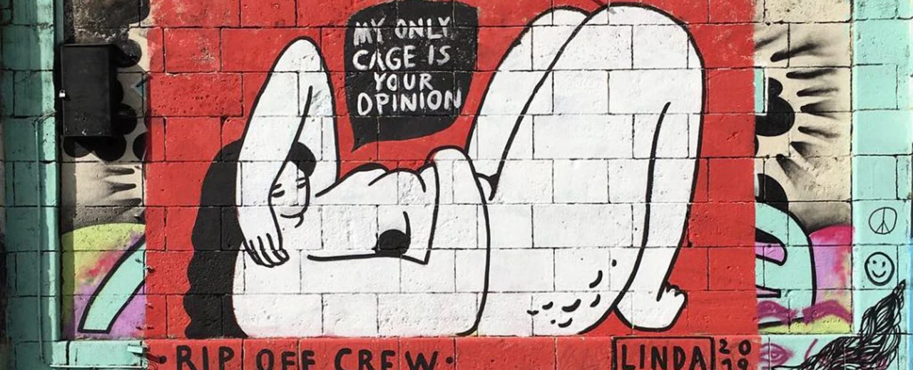 © Linda Steiner / RIP OFF CREW Graffiti-Kunstwerk an einer Backsteinmauer. Eine liegende weibliche Figur ist mit der Aussage