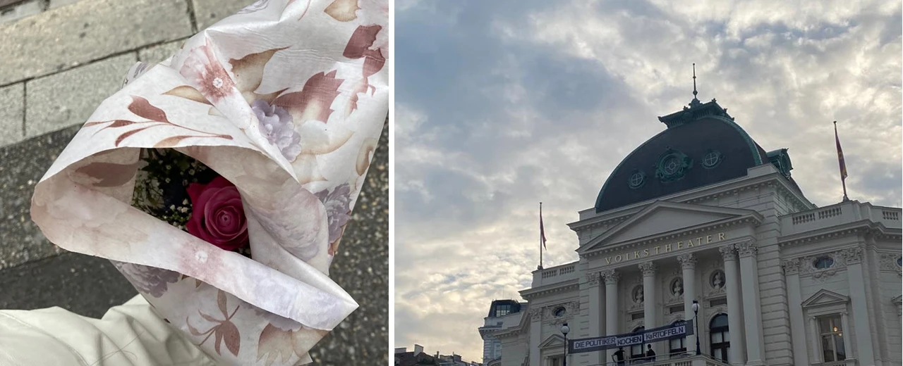 Blumenstrauß mit Rose und Wiener Volkstheater. Erstellt mit Adobe Photoshop.