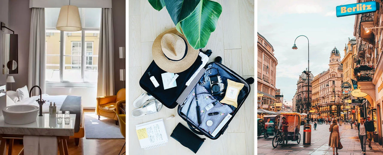 Drei Bilder: Hotelzimmer, gepackter Koffer, Stadtstraße. Reisevorbereitung und -erlebnis. Erstellt mit Adobe Photoshop.