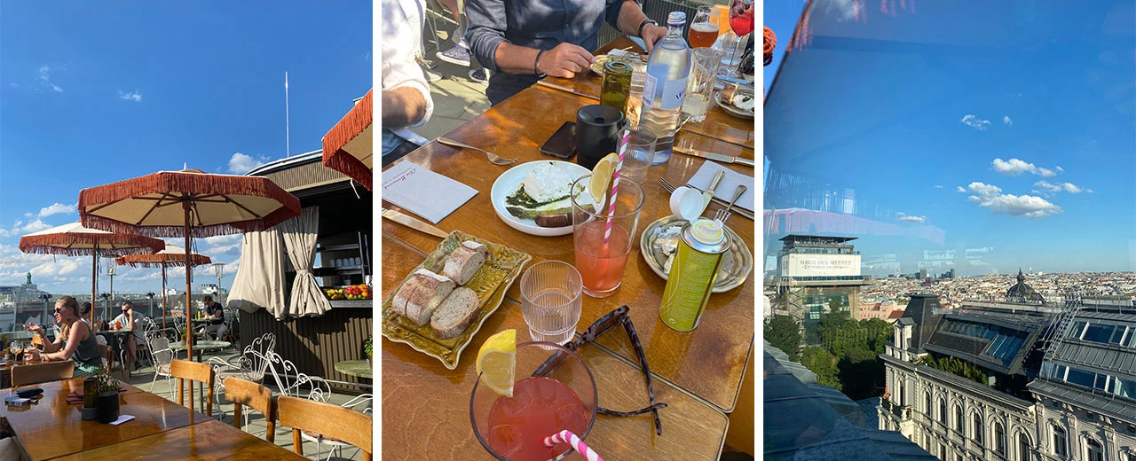 © Ausblick Atmosphere Rooftop Sonniger Tag auf einer Dachterrasse mit Blick auf die Stadt. Essen, Getränke und entspannte Atmosphäre. Erstellt mit Adobe Photoshop.