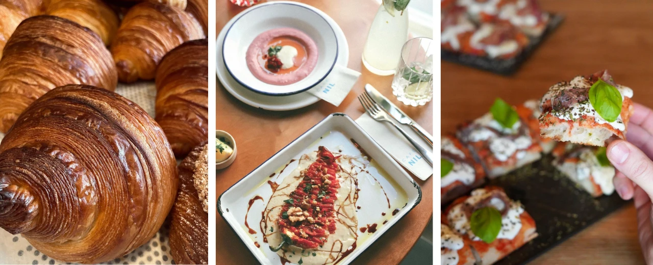 Collage mit Croissants, gegrilltem Paprika, rosa Dip und Sardellen-Pizzen. Leckere Speisen in ansprechender Präsentation.