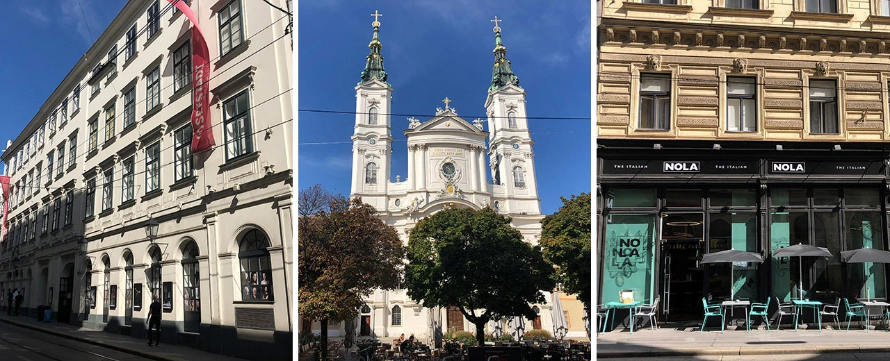 Drei Bilder zeigen verschiedene Aspekte Wiens: ein historisches Gebäude, die Kirche St. Elisabeth und ein modernes Restaurant.