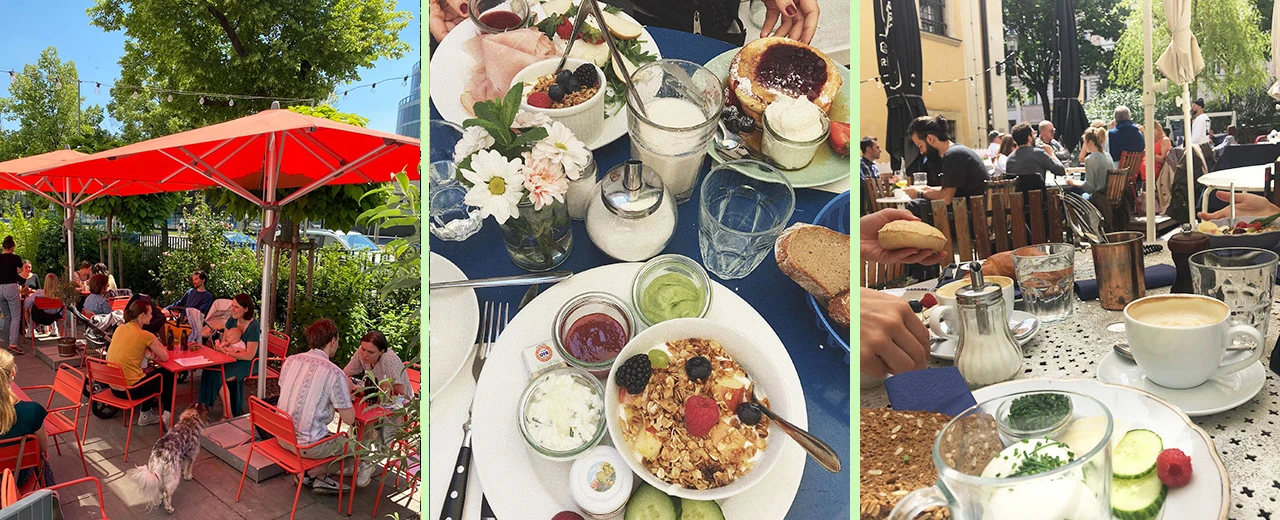 © Augustin | Burggasse24 Sonniges Frühstück im Freien: Leckere Speisen, entspannte Atmosphäre in einem gemütlichen Café.