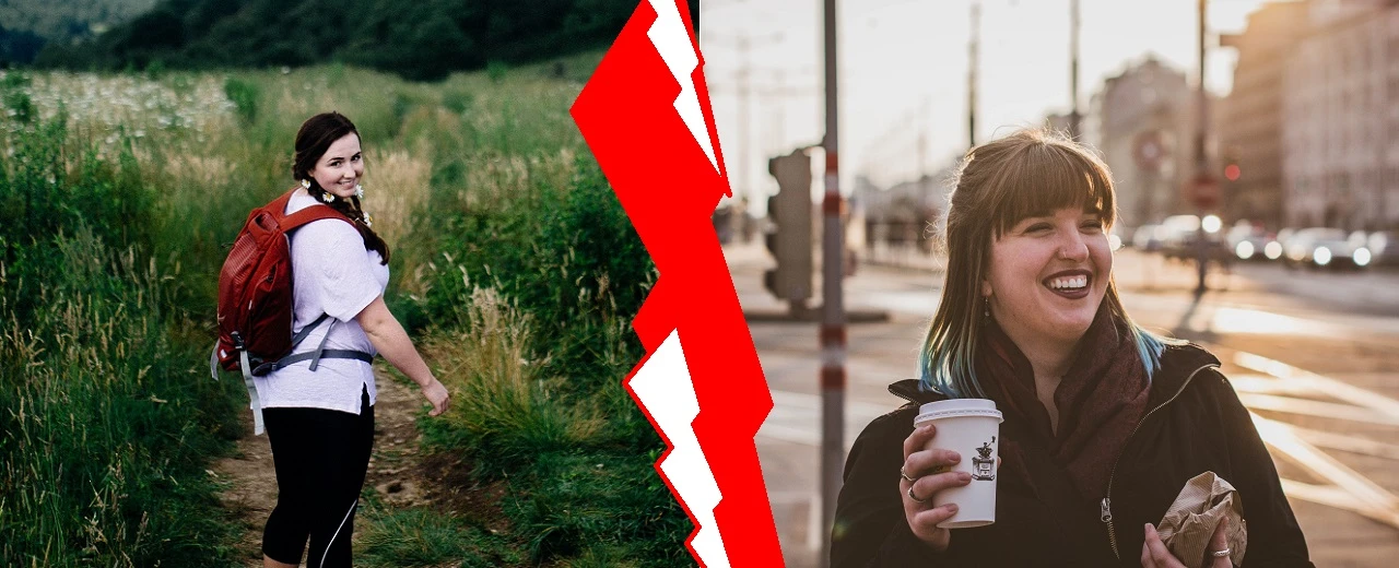 Eine Frau wandert in der Natur und trinkt später in der Stadt Kaffee.