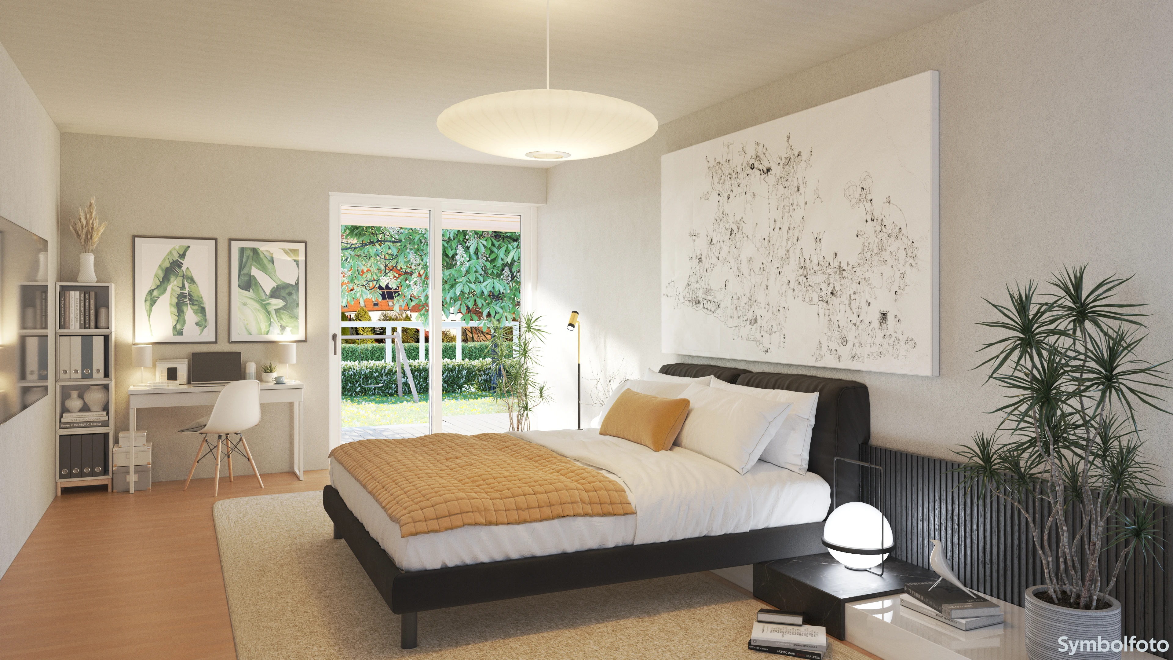 Schlafzimmer mit Blick auf Garten