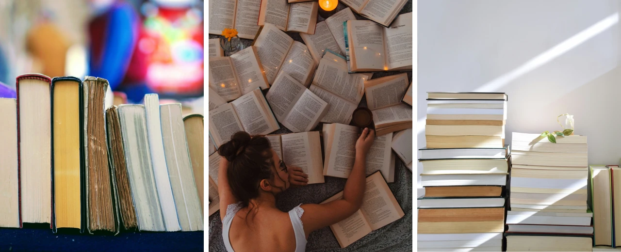 Bücher März Header: Bücherstapel, Lesende Person, gemütliche Atmosphäre. Canva