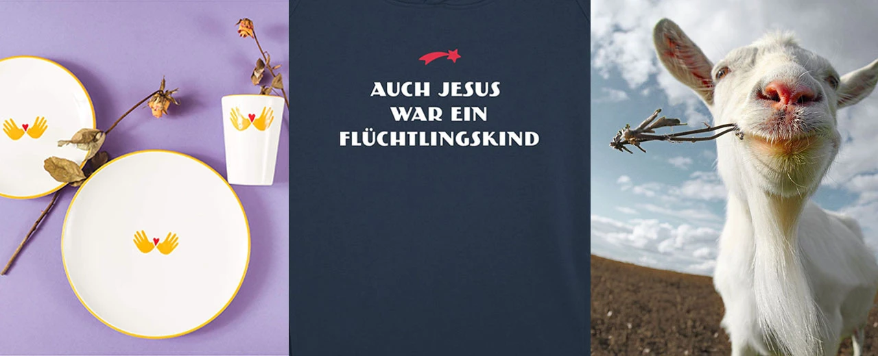 © Habibi & Hawara | Caritas Collage: Geschirr mit Herzmotiv, T-Shirt mit Aufdruck