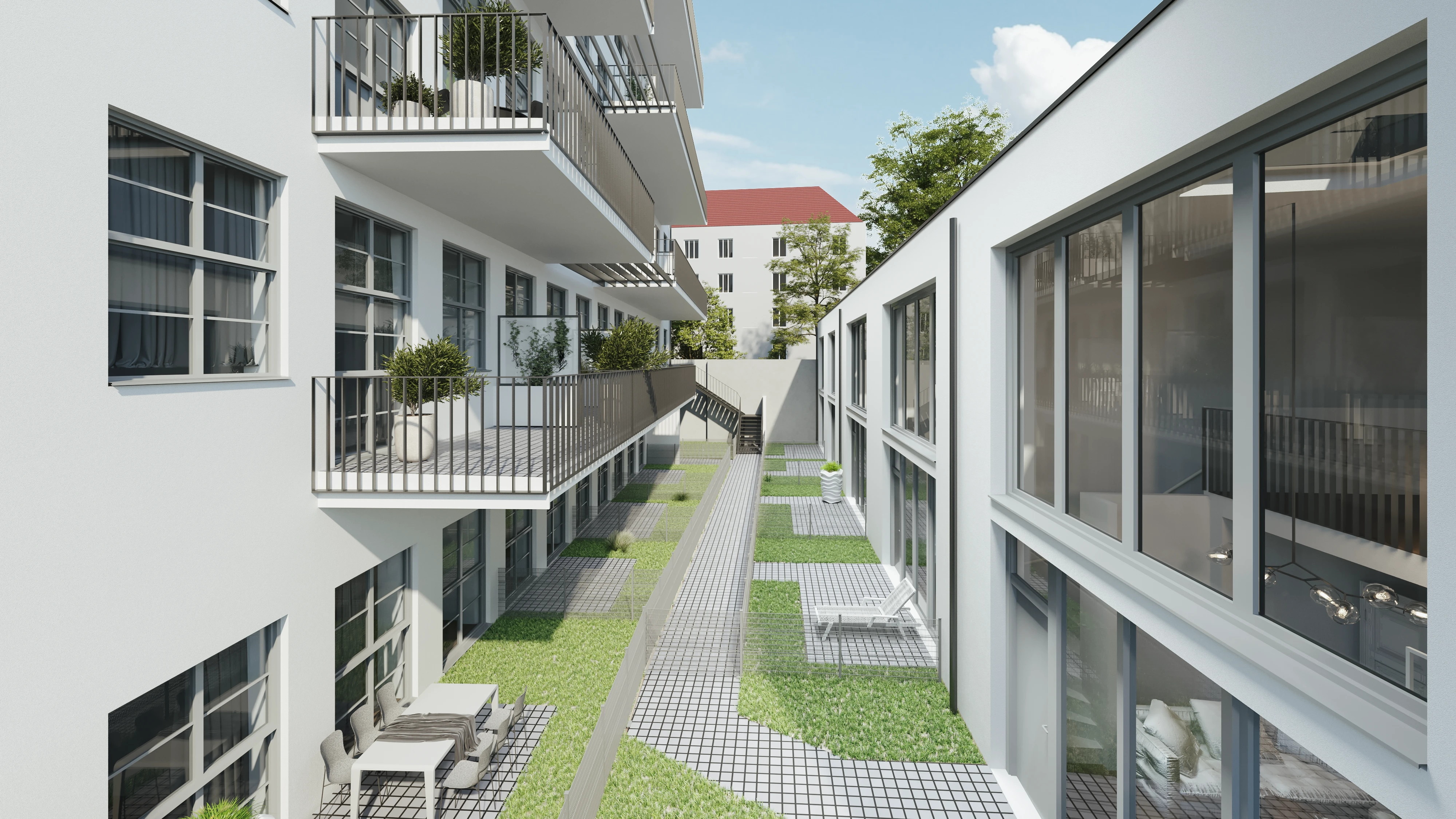 Rendering Innenhof mit Balkonen und Grünfläche