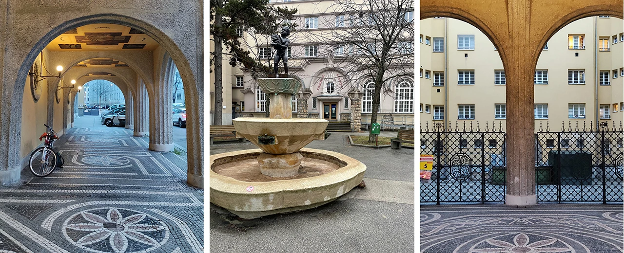 © frieda Temper Drei Fotos zeigen einen Innenhof mit Bogengängen, Mosaikboden, Brunnen und Skulptur.  Erstellt mit Adobe Photoshop.