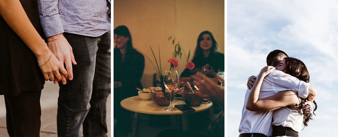 Drei Szenen zeigen Paare, die sich an den Händen halten, sich umarmen und Freunde, die zusammen Zeit verbringen. Erstellt mit Adobe Photoshop.