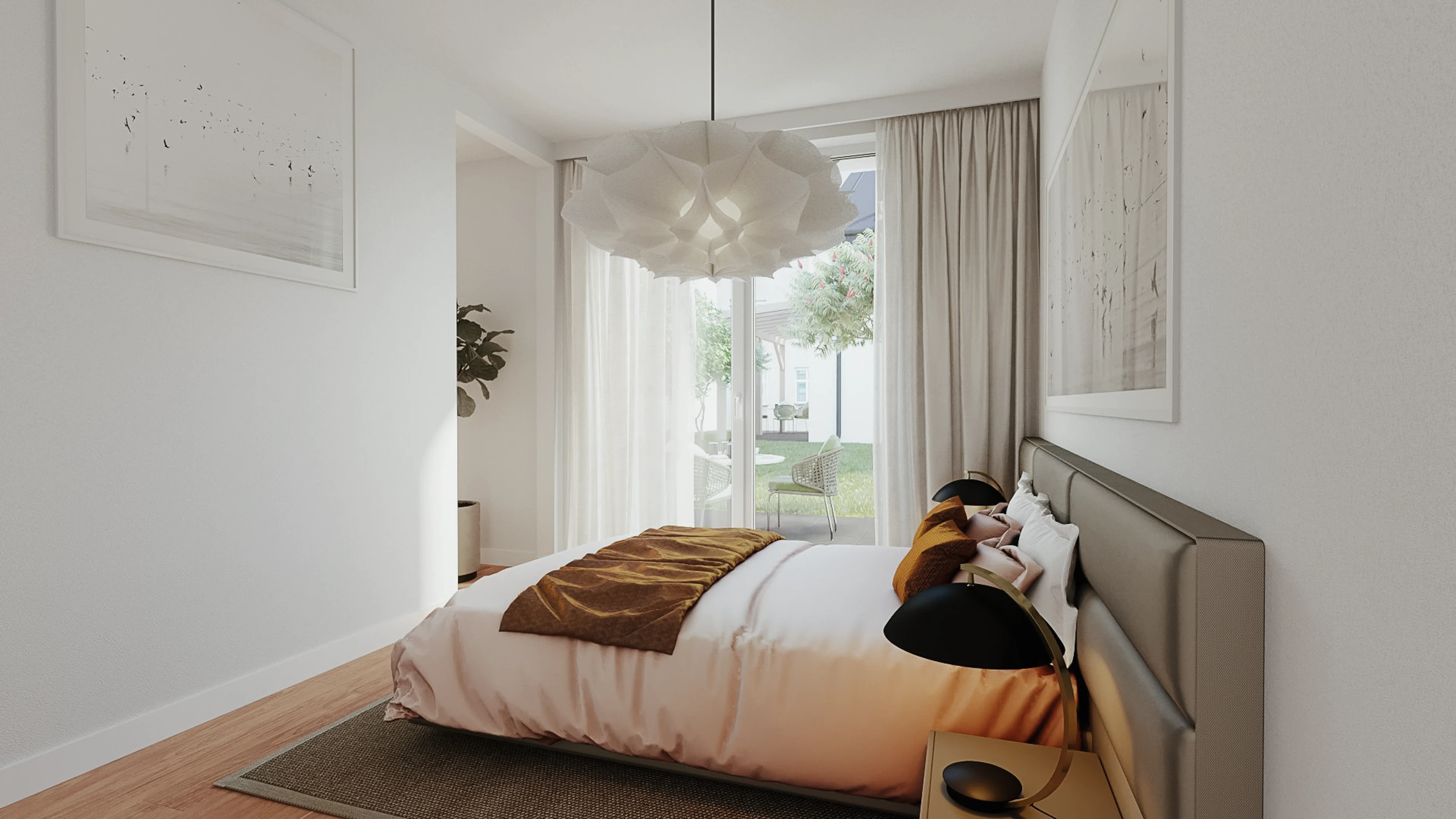Helles Schlafzimmer mit orangen Details und Blick auf den Garten