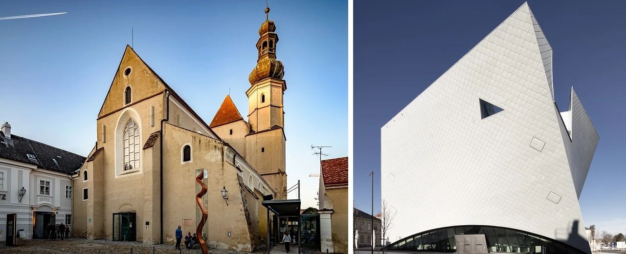 Foto: Historische Kirche & modernes Gebäude in Wien. Kontakt: Sascha Osaka (+43 6991 40 77 88 0, sascha@osaka.at)