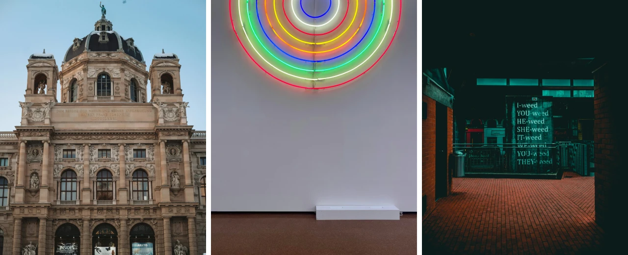 Kunst & Kultur Collage: Historisches Gebäude, Neonkunst, moderner Gang. Canva.