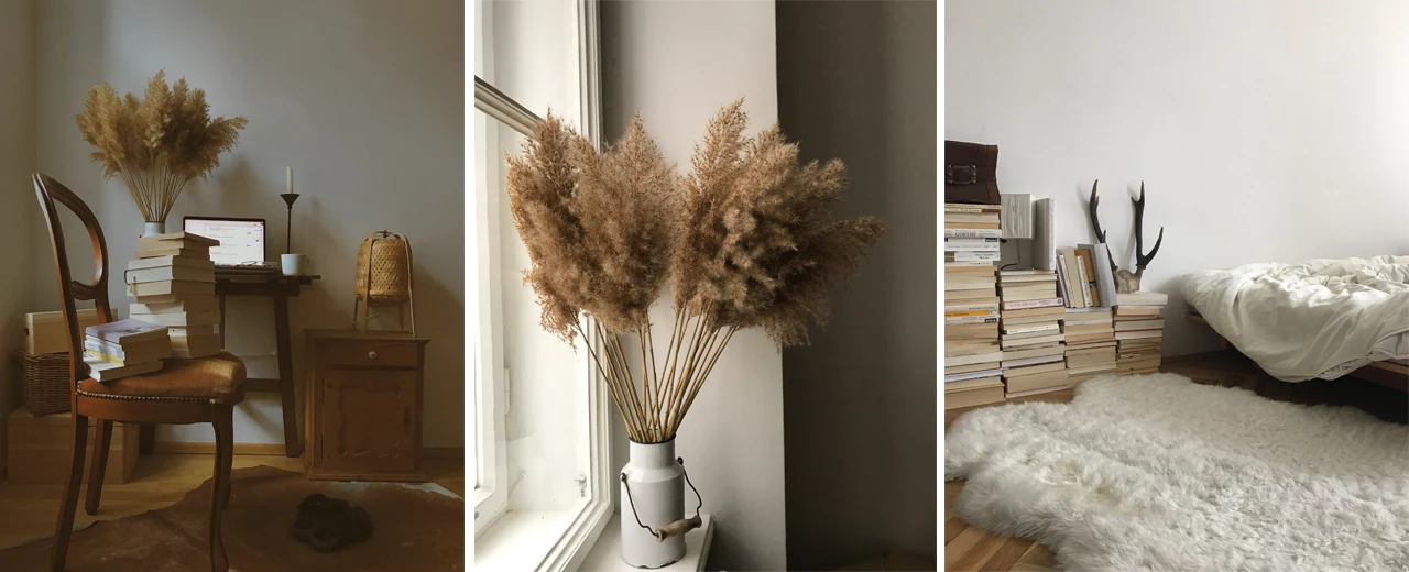 © Romina Drei Bilder zeigen einen minimalistisch eingerichteten Raum mit Büchern, Pampasgras und einem Bett.  Erstellt mit Adobe Photoshop CS6 (Mac).