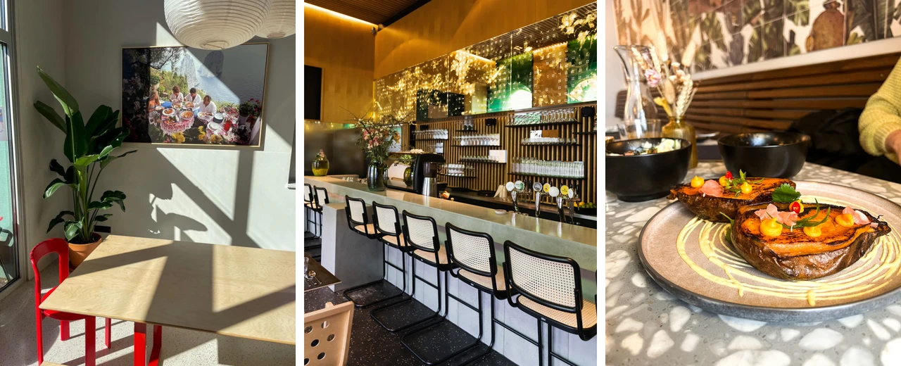 Moderne Restaurant-Bilder: Gemütlicher Essbereich, Bar mit Hockern, leckeres Essen.