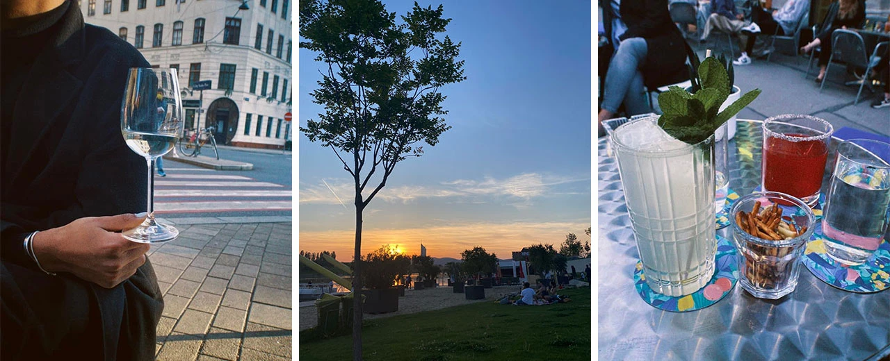 Collage: Glas Wein, Sonnenuntergang, Cocktails. Erstellt mit Adobe Photoshop.