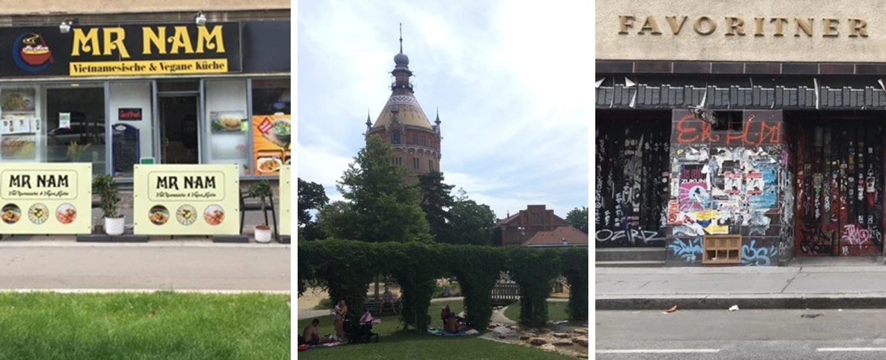 © Betania Bardeleben Drei Bilder: Vietnamesisches Restaurant Mr. Nam, Park mit Turm, Gebäude mit Graffiti. Erstellt mit Adobe Photoshop.