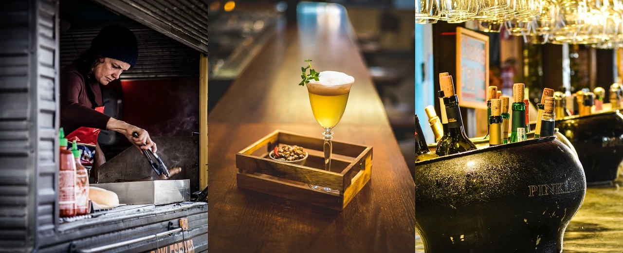 Drei Bilder zeigen Foodtruck, Cocktail & Weine. Gastronomie, Essen, Trinken.