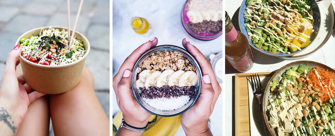 © Honu Tiki Bowls | Superfood Deli | Oio Poke Drei verschiedene leckere und gesunde Bowls: Poke Bowl, Acai Bowl und zwei weitere mit Tofu und Gemüse. Perfekt für ein schnelles und gesundes Essen.