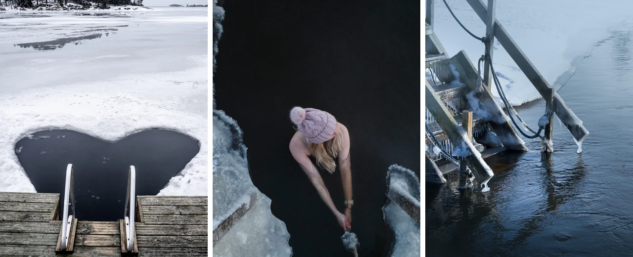 © unsplash Eisbaden: Herzförmige Öffnung im Eis, Frau beim Eisbaden, eisige Treppe. Winteraktivität.