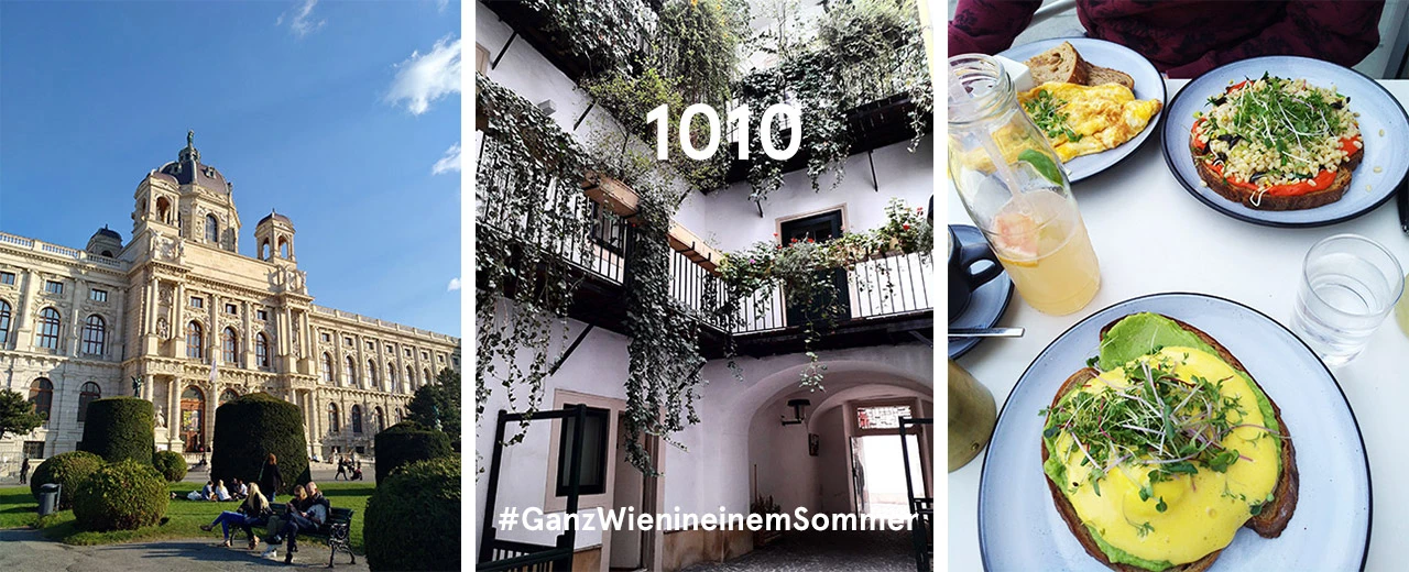 Wien Collage: Naturhistorisches Museum, grüner Innenhof, Avocado-Toast
