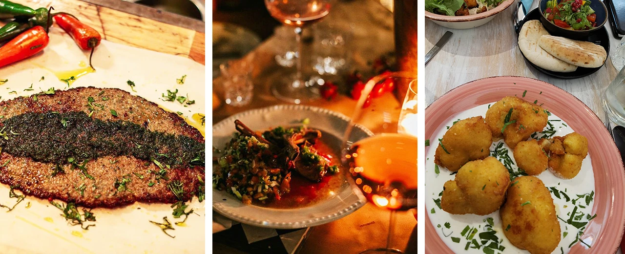 Drei Fotos zeigen verschiedene Gerichte: gegrilltes Fleisch mit grüner Sauce, Lammgericht mit Beilage und frittierter Blumenkohl.  Erstellt mit Adobe Photoshop.