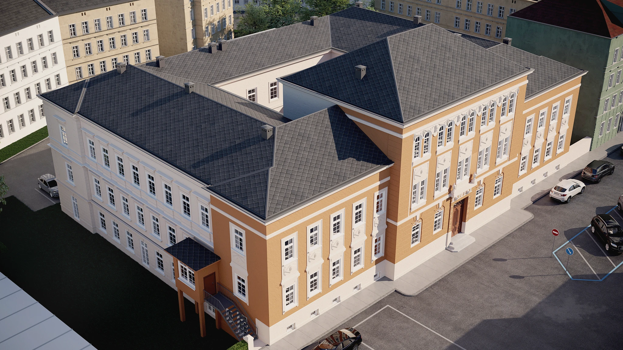 Vogelperspektive auf Vierkanthof Altbau renoviert