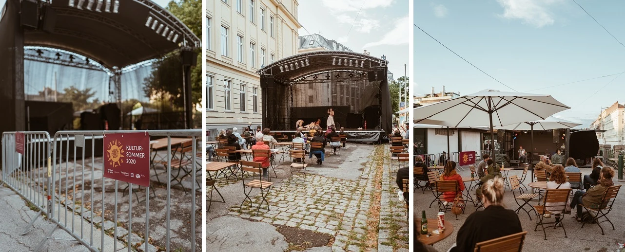 Open-Air-Veranstaltung mit Bühne, Zuschauern und Sonnenschirmen. Kultur Sommer 2020. Bearbeitet mit Adobe Photoshop Lightroom.