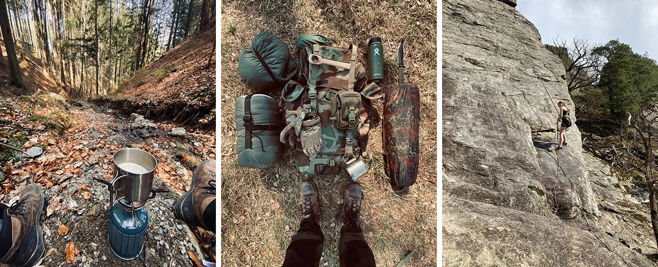 Drei Bilder zeigen eine Person beim Wandern, eine detaillierte Ansicht von Trekkingausrüstung und eine Kletterin an einem Fels.