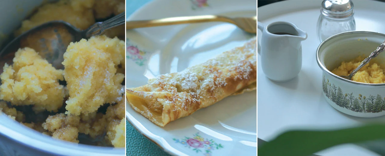 Drei Bilder zeigen die Zubereitung von Crêpes: Teig, fertiger Crêpe mit Puderzucker, sowie Zutaten wie Zucker, Sirup & Salz.