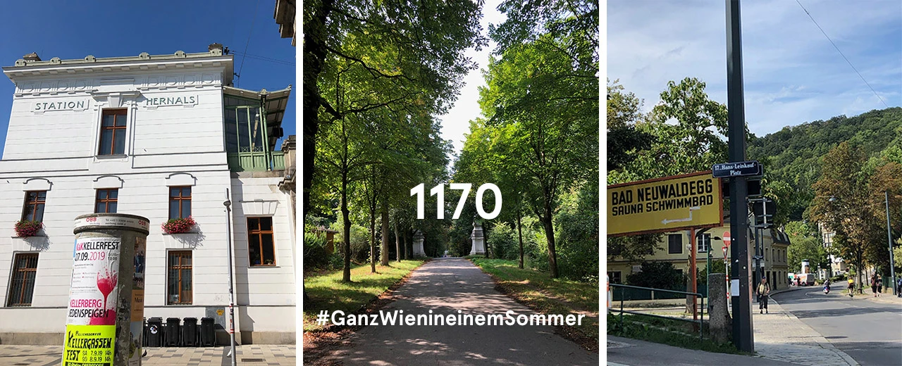 Triptychon mit Bildern aus Wien: Bahnhof Hernals, Parkweg und Straße mit Schwimmbad-Hinweisschild. #GanzWienineinemSommer
