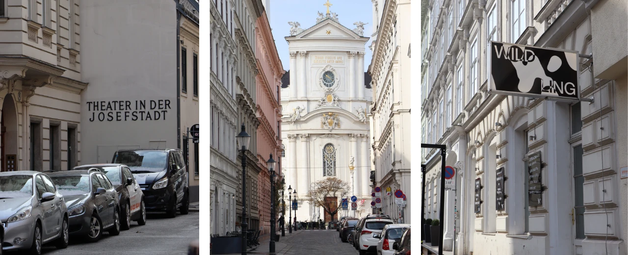 © Stefanie Molnar Drei Ansichten einer Wiener Straße: Theater in der Josefstadt, Kirche & Wildling-Gebäude.