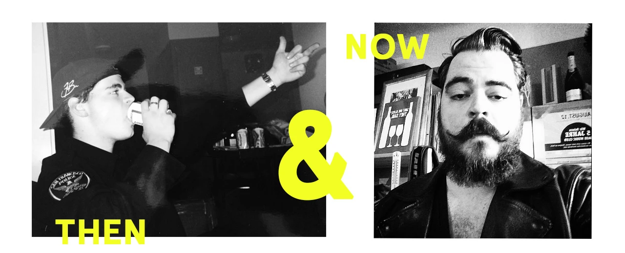Vorher-Nachher-Bild einer Person. Links ein jüngeres Schwarz-Weiß-Foto, rechts ein neueres Schwarz-Weiß-Foto derselben Person mit Bart und Schnurrbart.