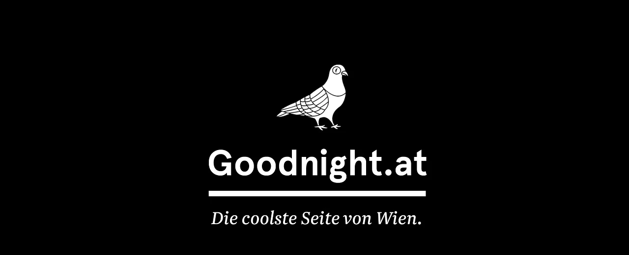 Goodnight.at Logo: Weiße Taube auf schwarzem Hintergrund. 'Goodnight.at' & 'Die coolste Seite von Wien'.