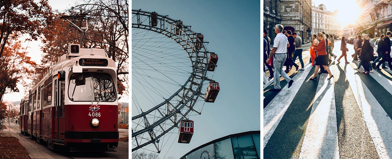Drei Bilder: Straßenbahn, Riesenrad, Menschen auf Zebrastreifen. Erstellt mit Adobe Photoshop.