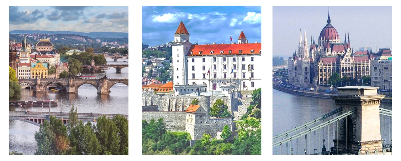 © Pexels via Google/Jeshoots via Unsplash/Wikimedia Commons via Google Prag, Bratislava & Budapest: Karlsbrücke, Burg Bratislava, ungarisches Parlament.