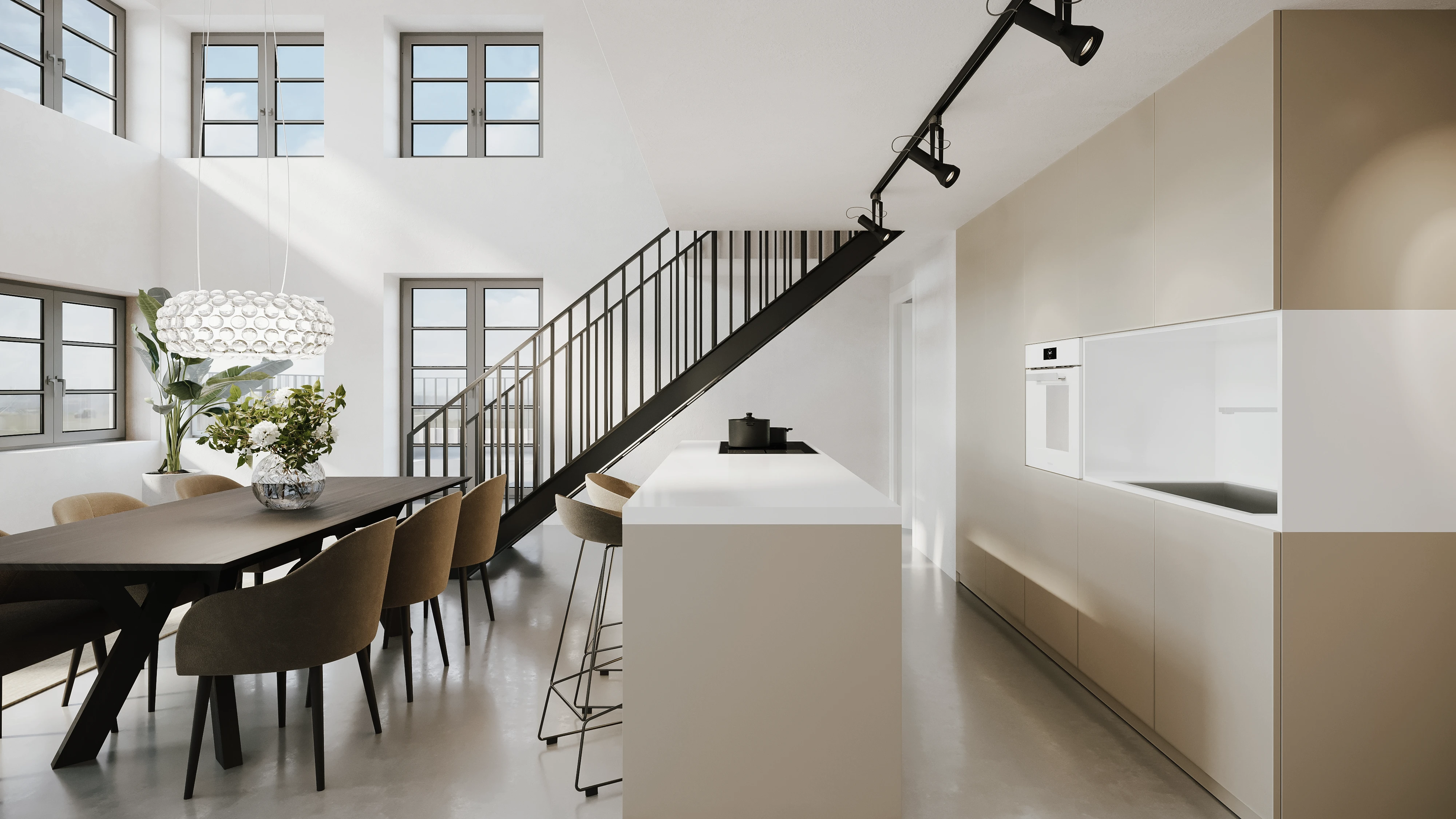 Rendering Küche und Essbereich mit Stiegenaufgang
