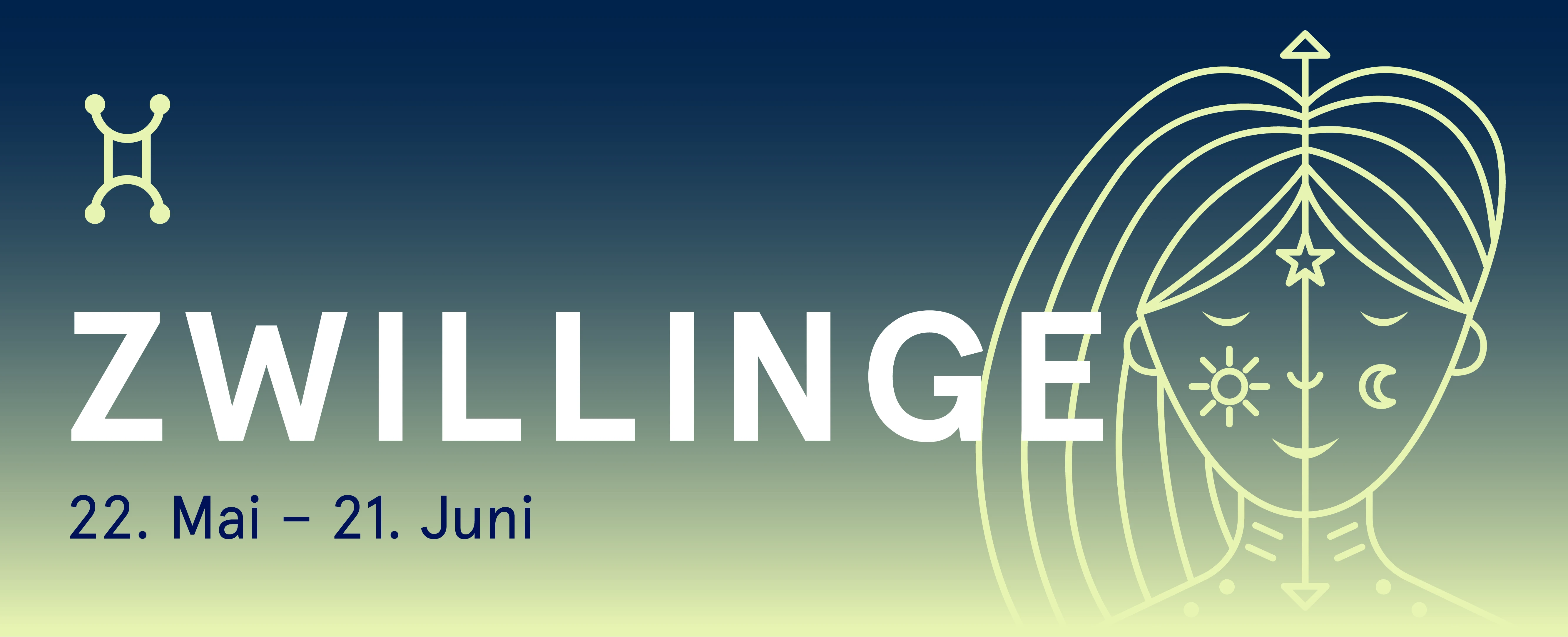 © Goodnight.at Zwillinge (22. Mai - 21. Juni): Stilisierte Darstellung des Sternzeichens mit Sonne und Mond Symbolen.